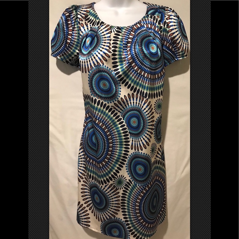 ARYEH Dress Boho Blue Geometric Circles Shift Scoop Neckline Small - Picture 3 of 10